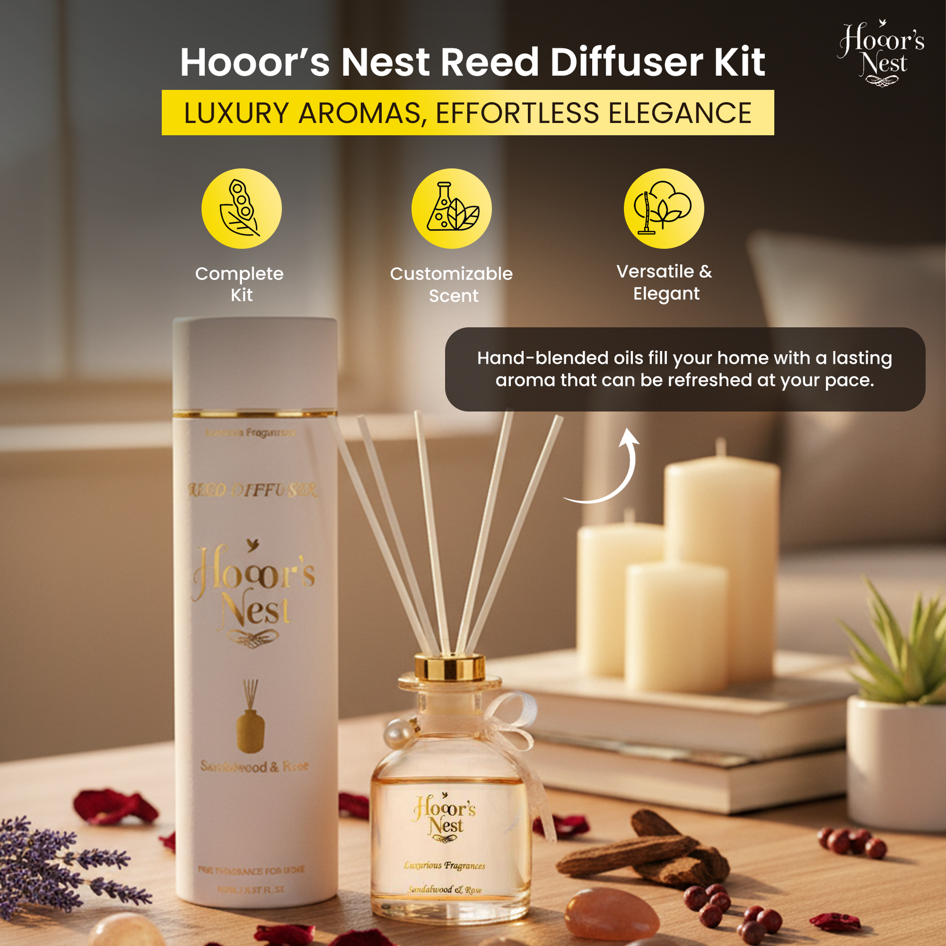 Hooor's Nest Reed Diffuser Kit with bottle and packaging 